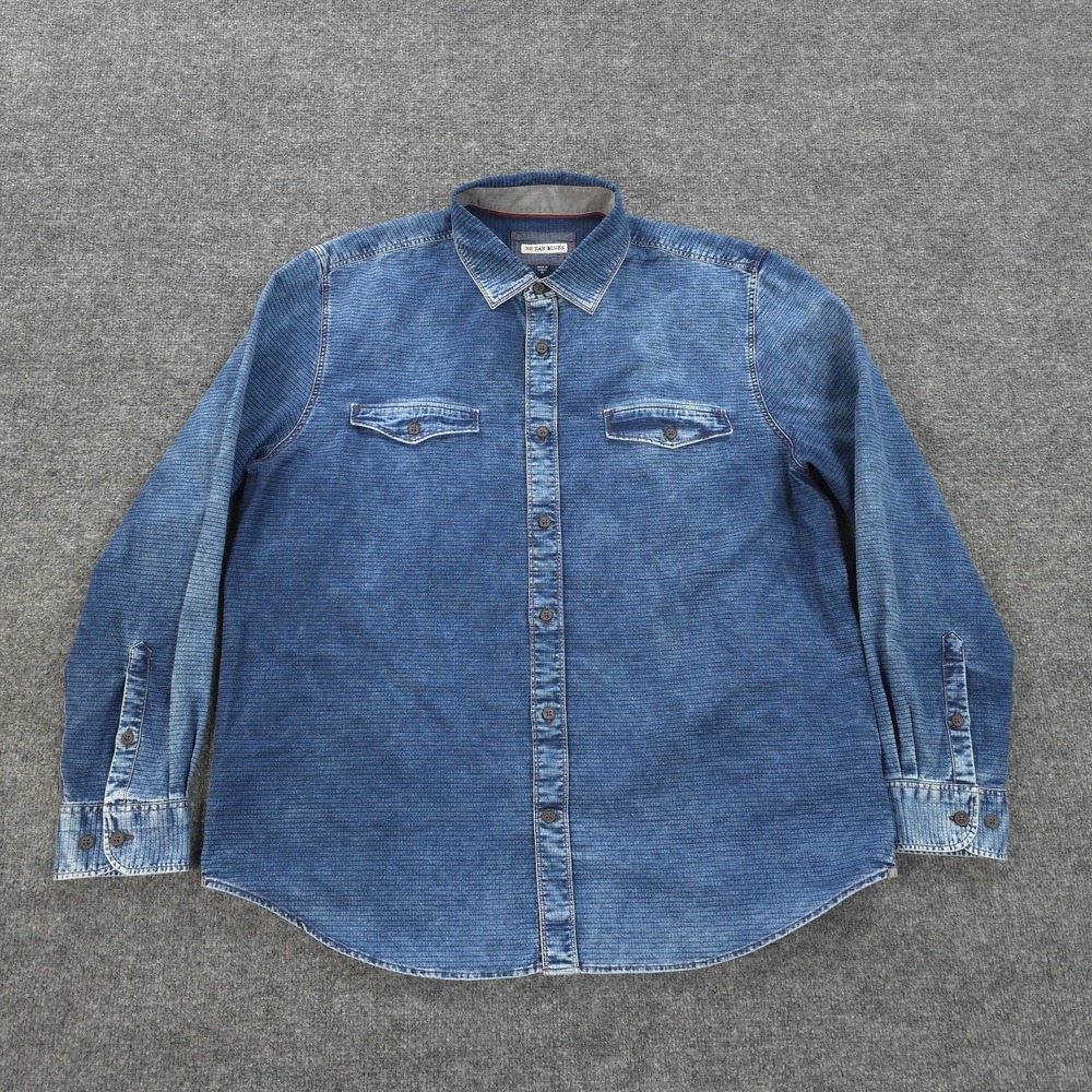 32 Bar Blues Shirt Mens XL Blue Denim Western Long Sleeve Button Up Casual